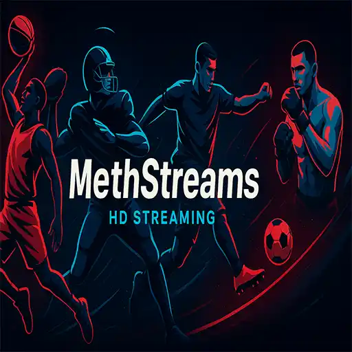 Neon-style banner with illustrated basketball, football, soccer and MMA athletes in motion surrounding the bold ‘MethStreams HD Streaming’ logo on a dark background.